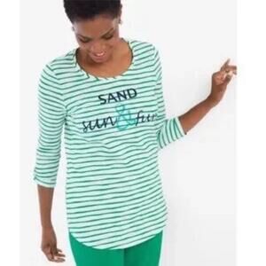 Chico’s Zenergy Sand Sun‎ & Fun Green White Stripe Shirt Top Womens Small (504)